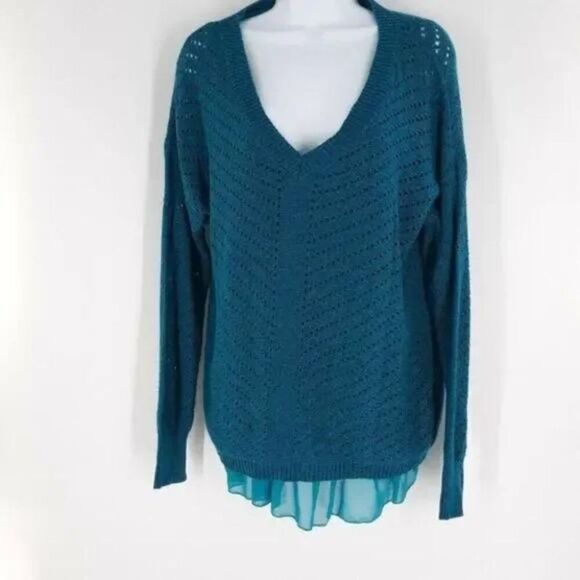 Prana Ellery Sweater Womens Small Mosaic Blue V-Neck Open Knit Ruffled Hem NWT - Picture 4 of 11